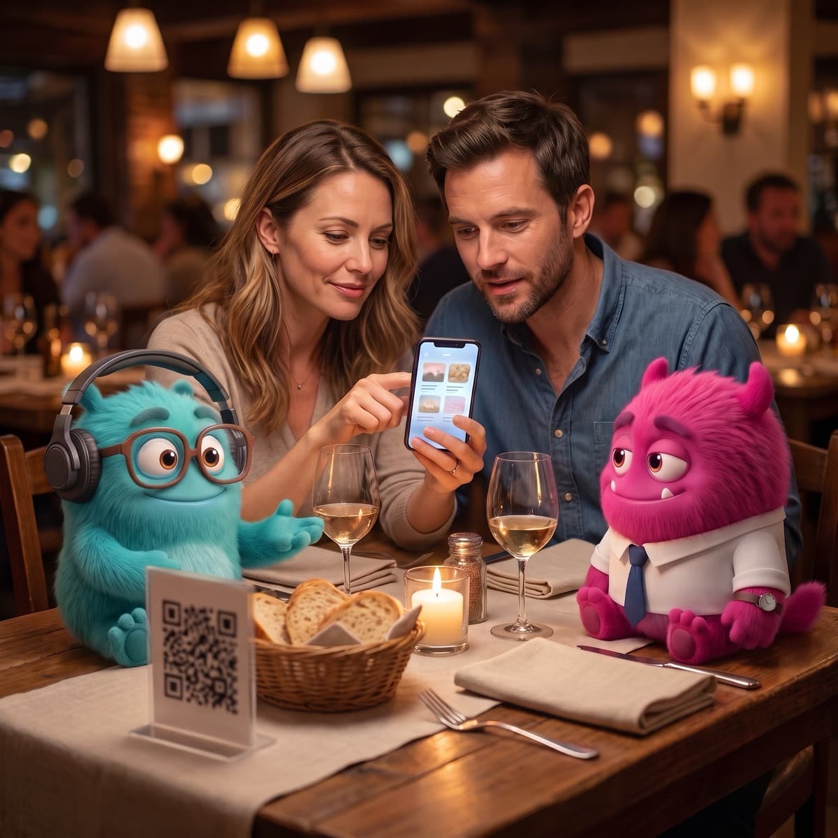 Devie in a restaurant, next to a couple looking at the place’s site on a phone.