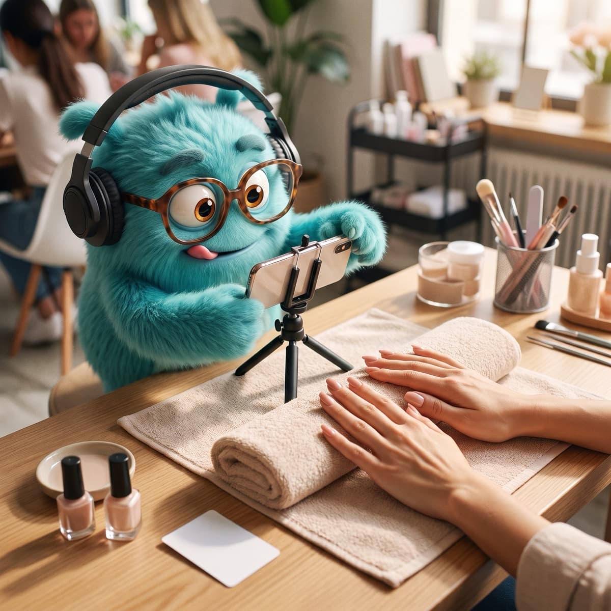 Devie films a manicurist at work with a phone.