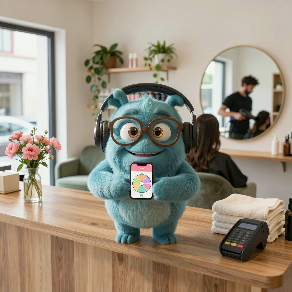 Devie shows the game's prize wheel on a phone, at a shop counter.