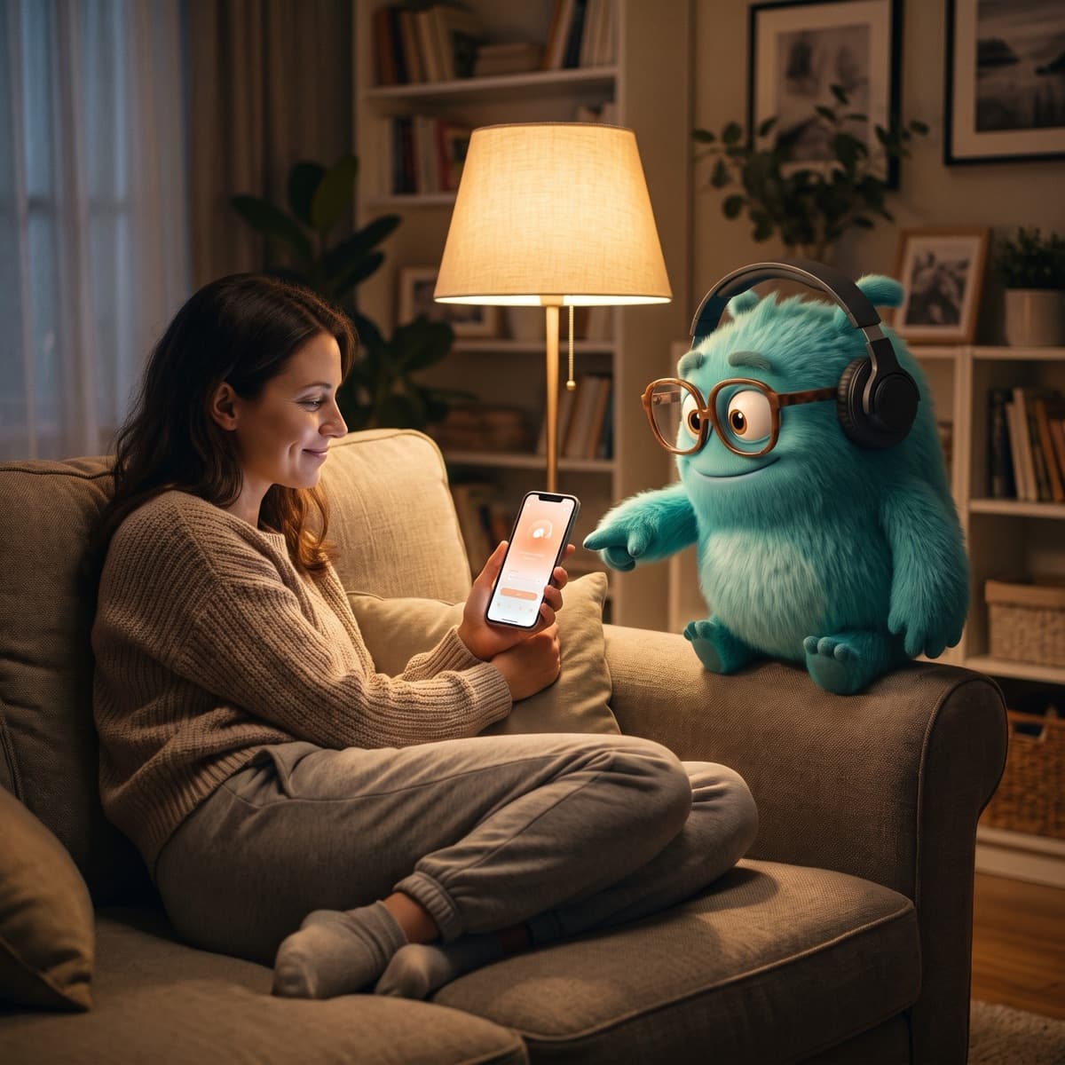 A customer at home uses the business's app on her phone, and Devie points at the screen.